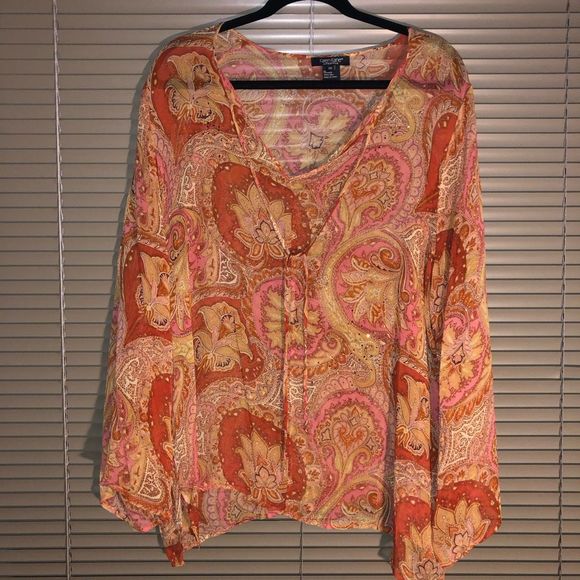 Karen Kane Orange Flowery 100% Silk Sheer Blouse Size 2X - Picture 1 of 6